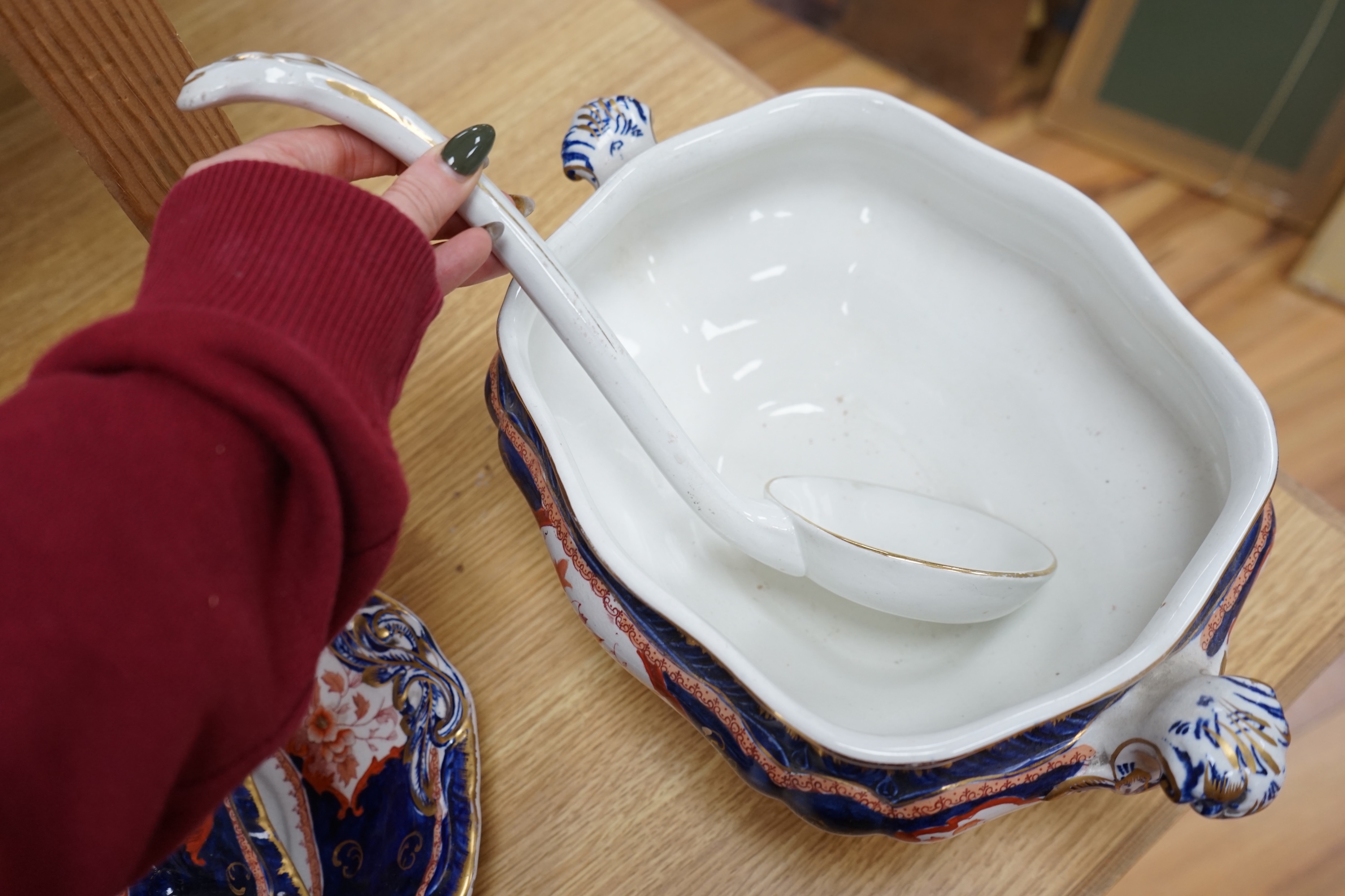 A Victorian Booths pottery iron red, blue and gilt soup tureen, cover, stand and ladle. Condition - good